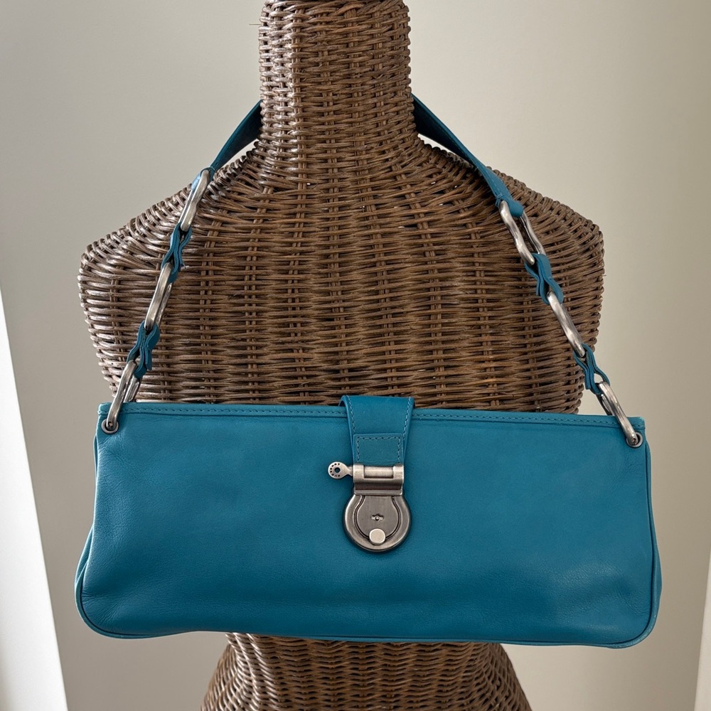 Burberry Teal Shoulder Bag with silver link Strap * snap closure